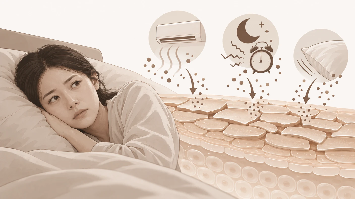 밤 가려움과 피부 장벽 약화, 생활 요인이 겹쳐 성인아토피치료 고민으로 이어지는 상황을 표현한 이미지