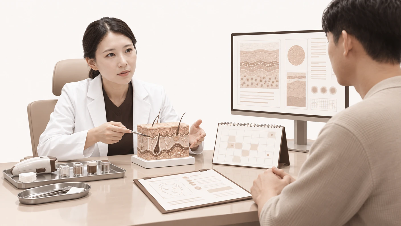 성인아토피치료 전 피부 상태와 치료 반응, 회복 기간의 개인차를 상담하며 확인하는 장면을 표현한 이미지