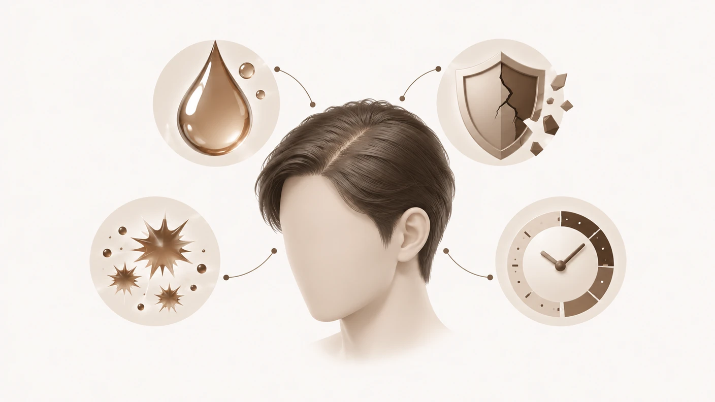 지루성피부염 반복에 관여하는 피지, 피부장벽, 염증 반응, 생활 리듬의 얽힘을 상징적으로 보여주는 이미지