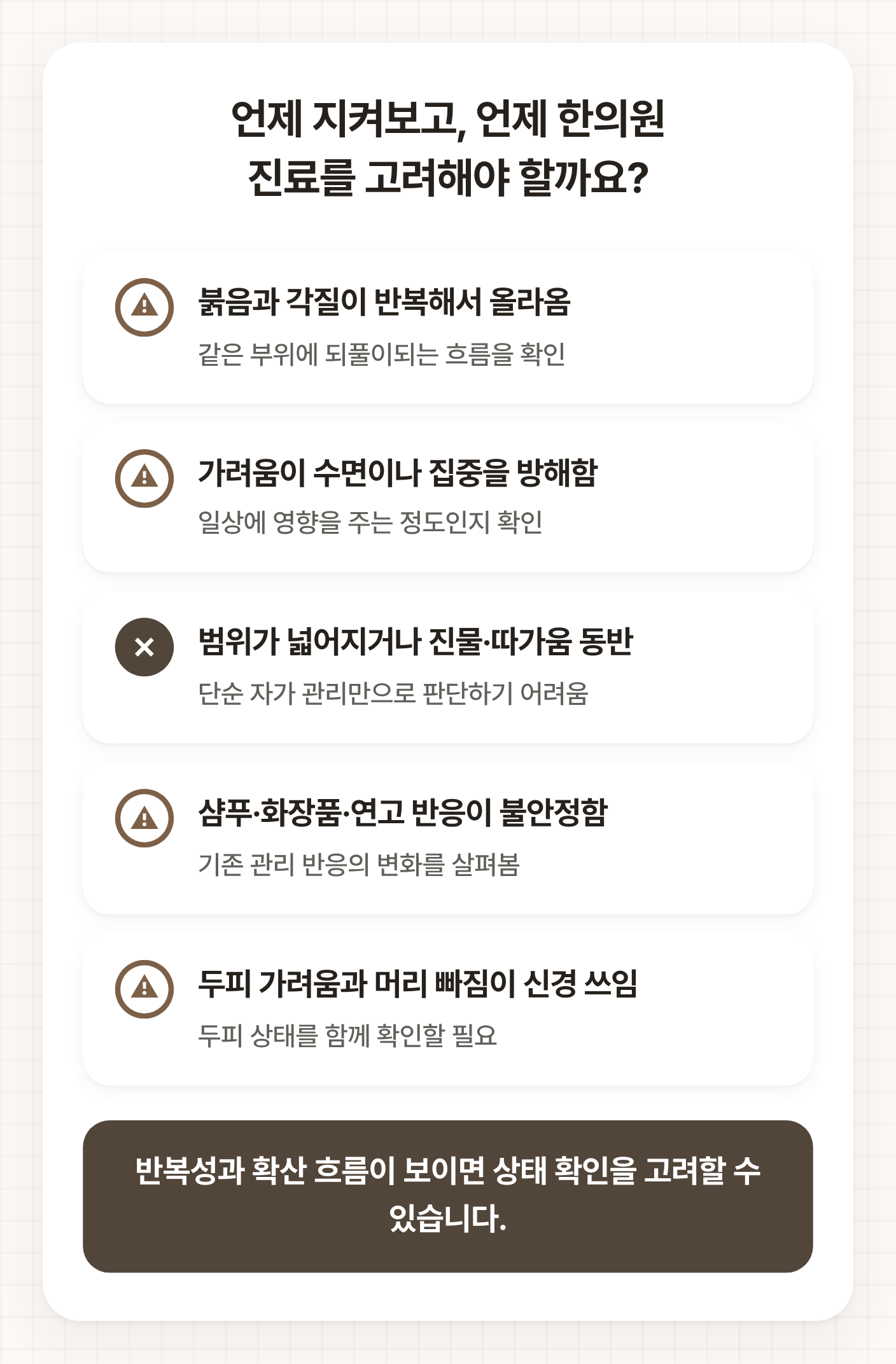 강서구지루성피부염한의원 진료를 고려할 수 있는 반복 증상, 가려움, 진물, 관리 반응, 두피 변화를 정리한 체크 도식