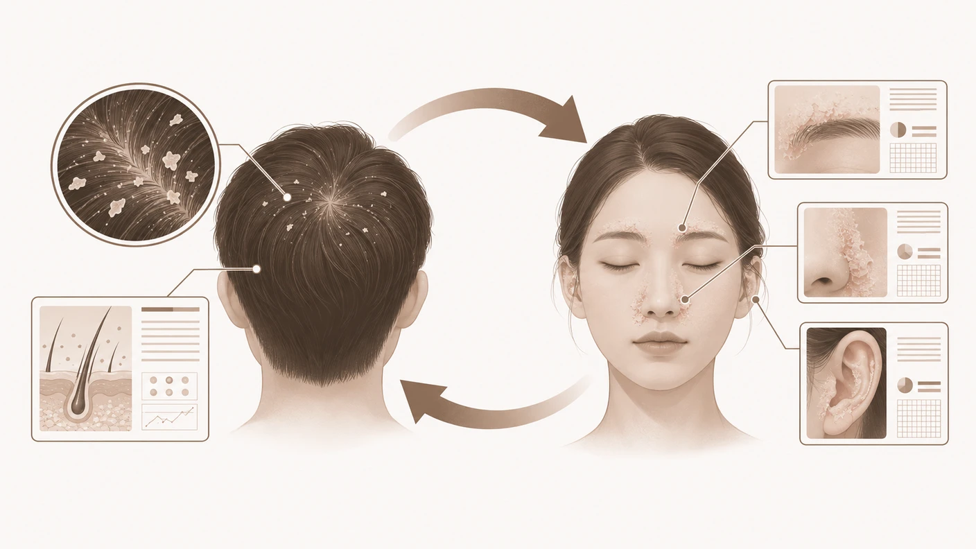 화곡동지루성피부염이 두피와 얼굴의 피지 많은 부위에서 반복되는 양상을 상징적으로 보여주는 이미지