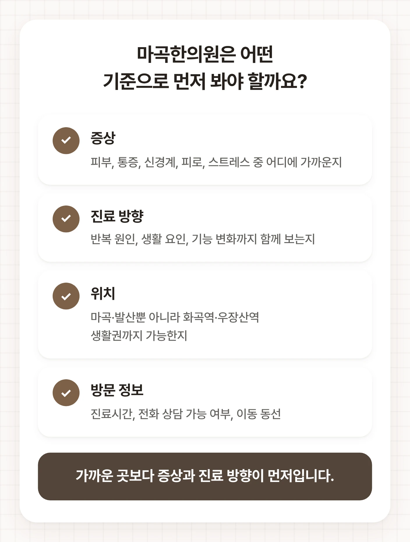 마곡한의원을 고를 때 증상, 진료 방향, 위치, 방문 정보를 차례로 확인하는 기준을 정리한 도식