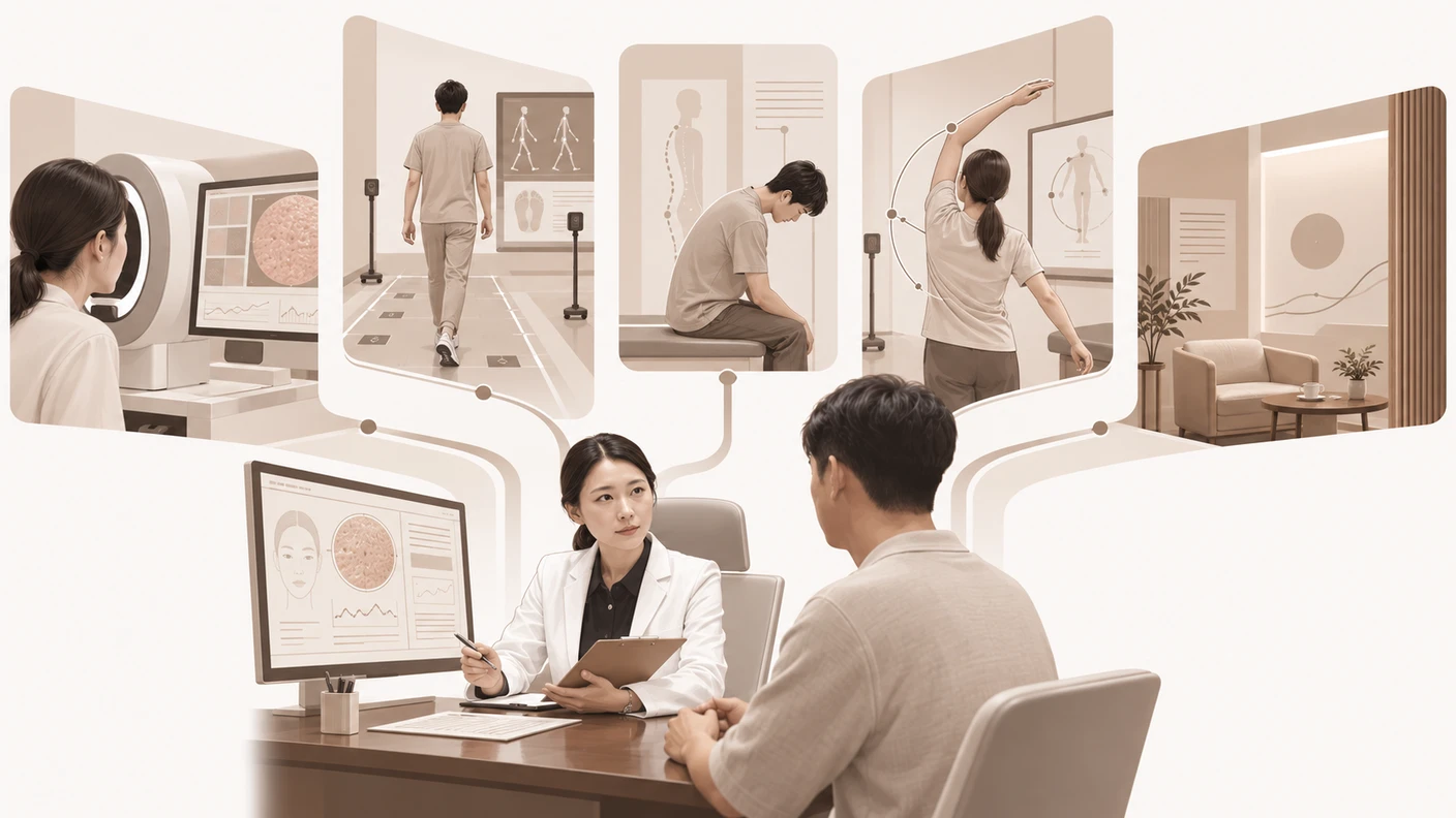 한 공간에서 여러 증상 방향으로 갈라지는 장면을 통해 마곡한의원 상담이 증상별로 달라질 수 있음을 표현