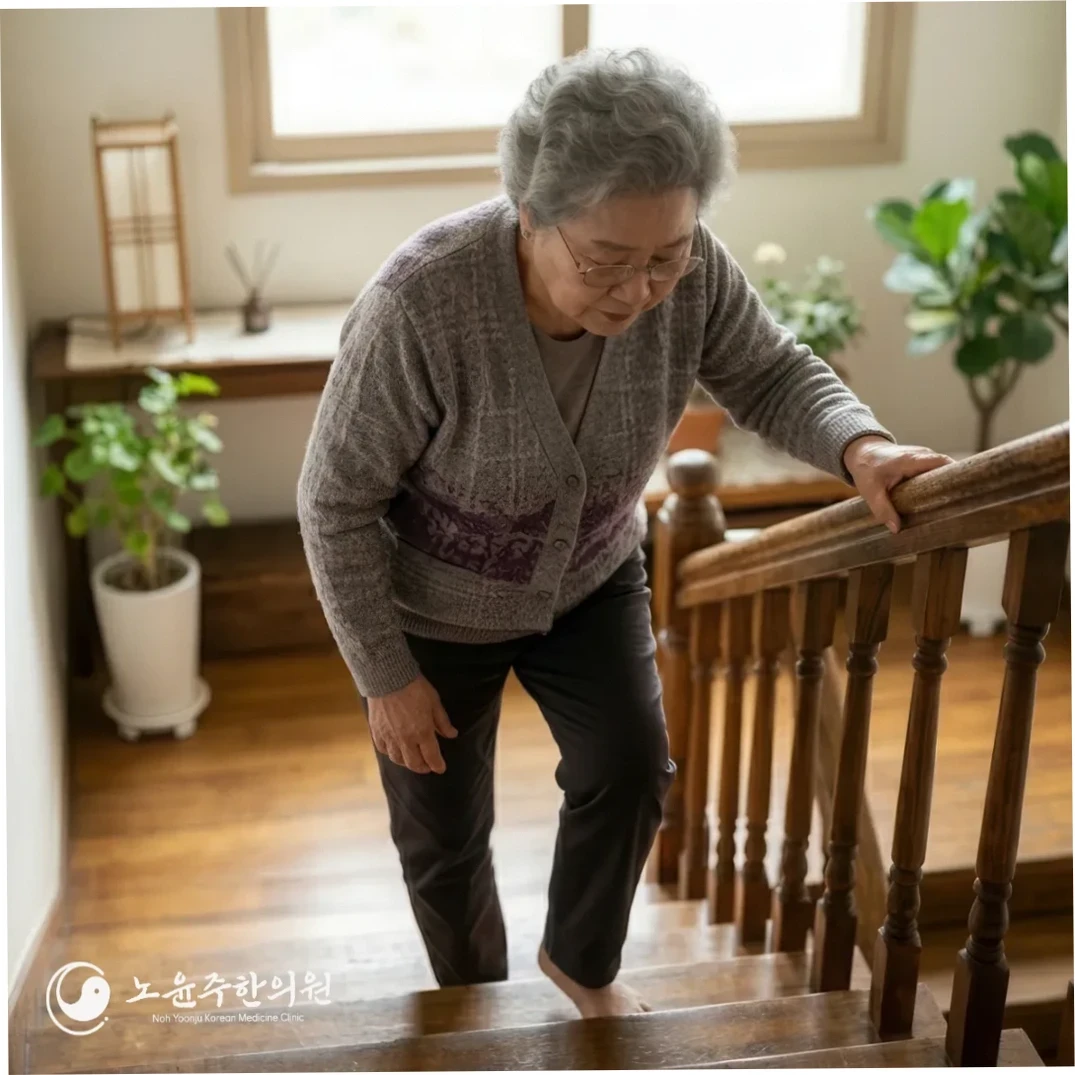 계단을 힘겹게 오르는 노년 여성의 모습으로, 한 손으로 난간을 잡고 조심스럽게 발을 내딛고 있다. 뇌졸중 후유증으로 인한 보행 어려움을 사실적으로 보여준다.