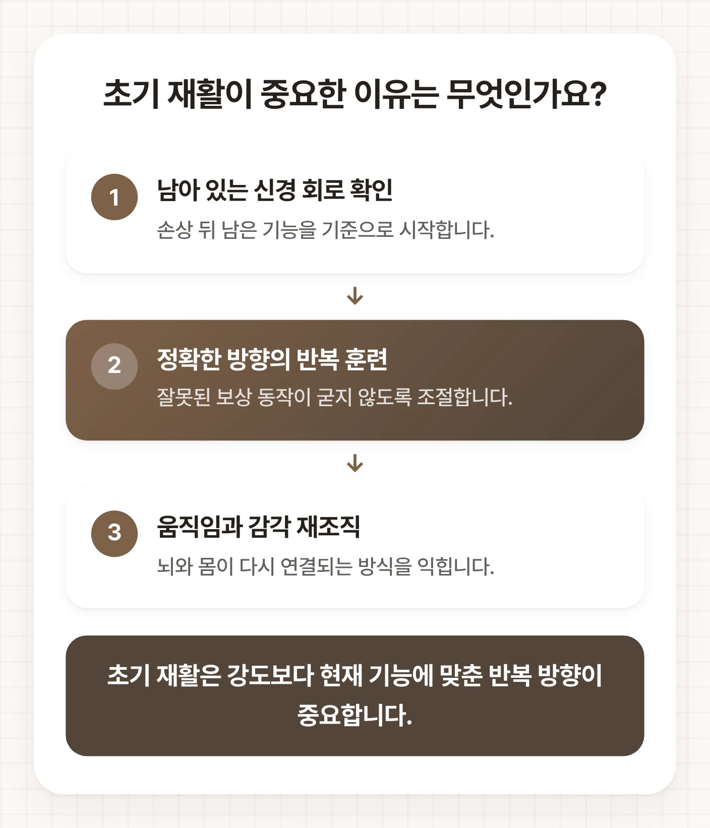 뇌졸중 후유증 초기 재활에서 신경 회로 확인, 정확한 반복 훈련, 감각 재조직으로 이어지는 과정을 보인 도식
